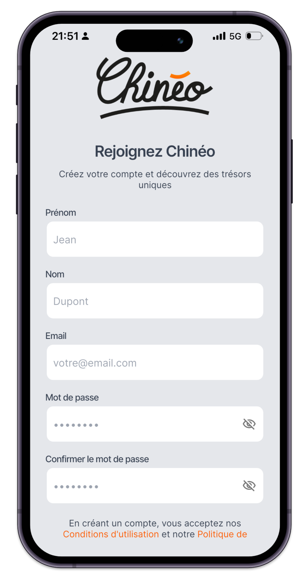 Écran d’inscription à l’application Chinéo