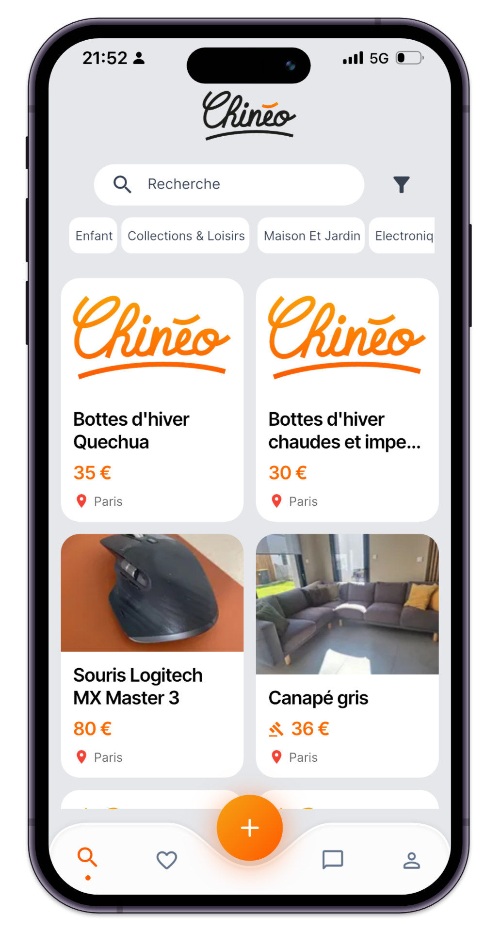 Écran marketplace Chinéo — recherche et annonces